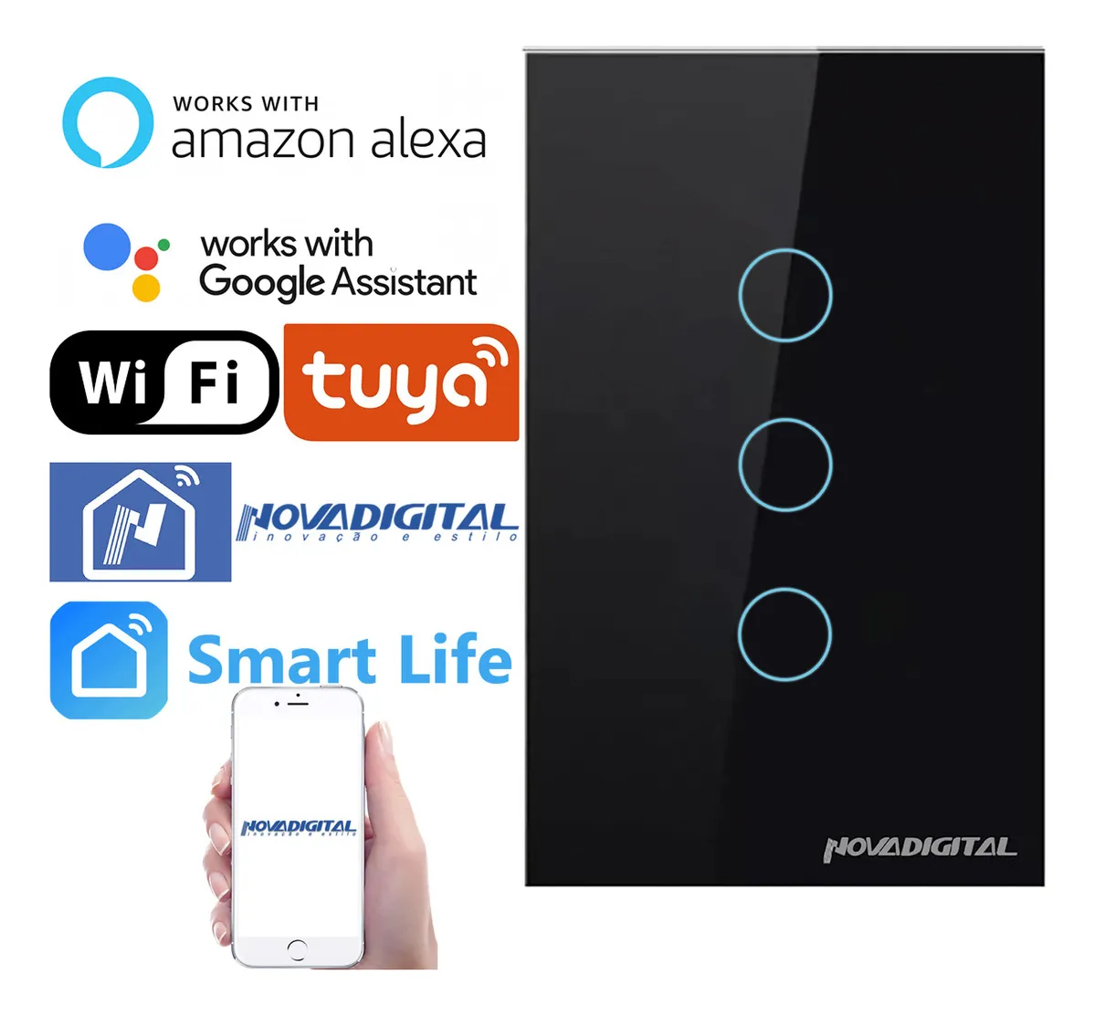 interruptor inteligente wifi novadigital 3 teclas botões touch tuya smart life alexa google 110v 220v bivolt interruptor inteligente wifi novadigital 3 teclas botões touch tuya smart life alexa google 110v 220v bivolt